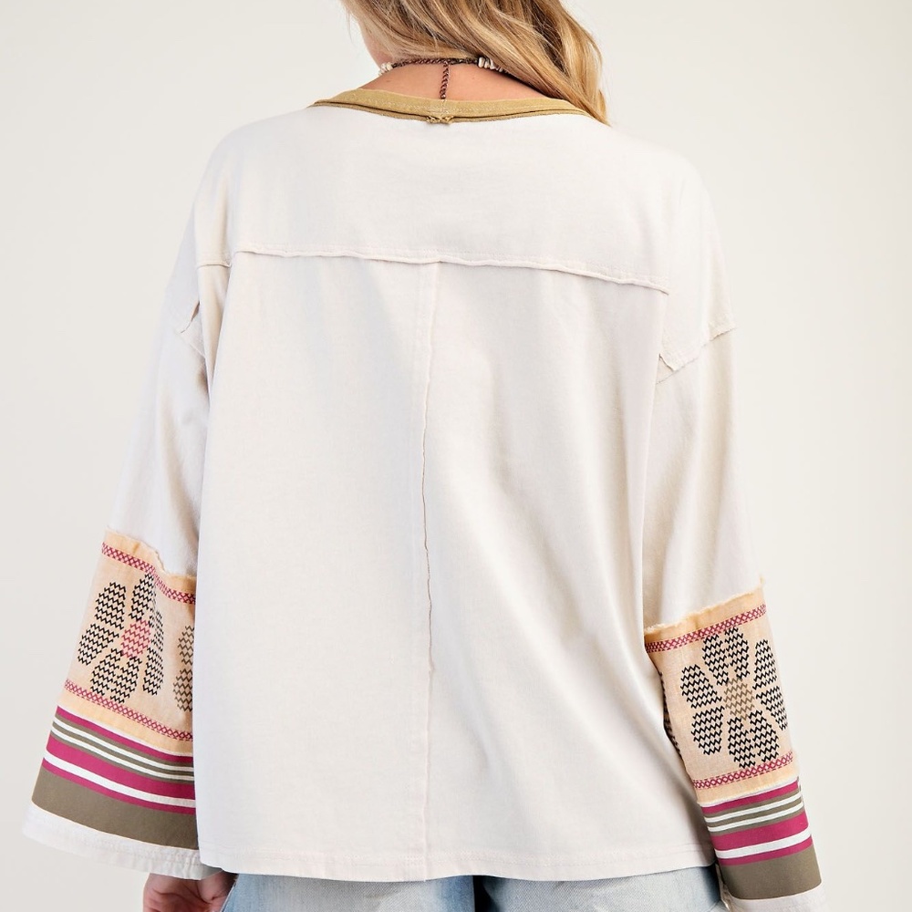 Easel  MINERAL WASHED COTTON JERSEY PULLOVER -WIDE LONG STRIPE FLOWER SLEEVES - Picture 2 of 2